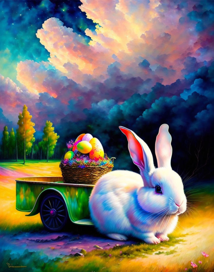 Whimsical white rabbit with Easter eggs and cart under vibrant sky