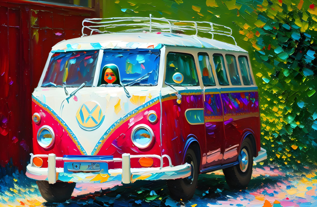 Vibrant vintage Volkswagen van painting with person and abstract foliage background