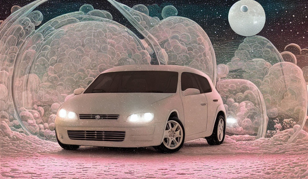 Silver Car on Surreal Pink Terrain with Moons and Bubbles in Starry Sky