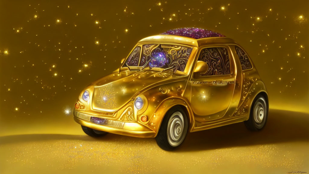 Golden Fantasy-Themed Car with Purple Interior on Starry Background