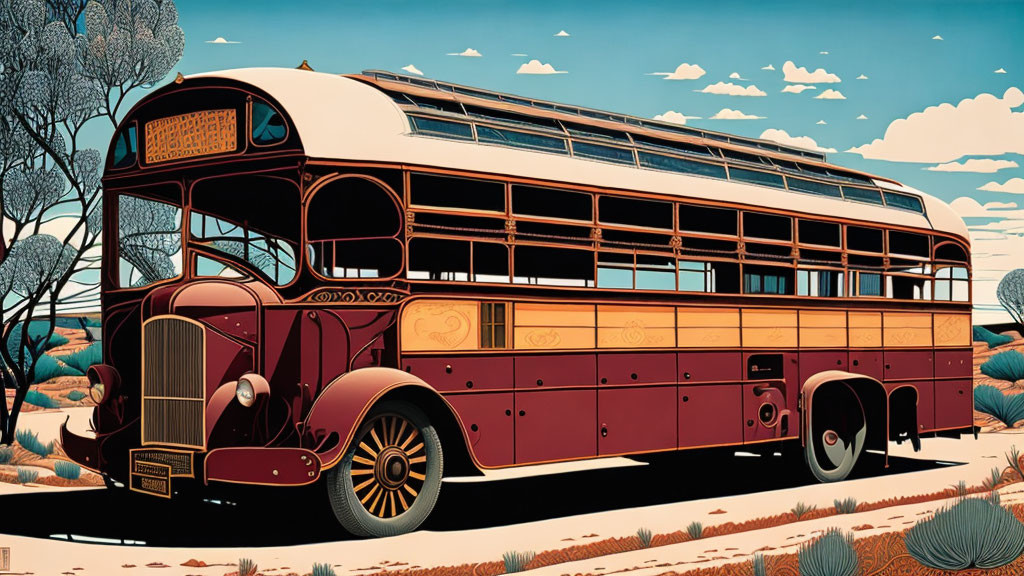 Vintage Double-Decker Bus in Countryside Setting with Trees and Blue Skies