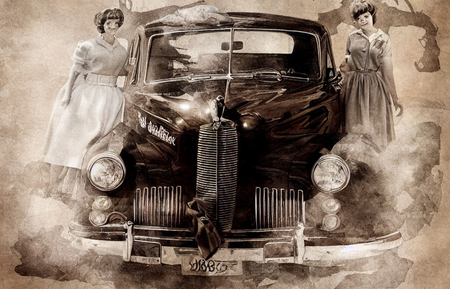 Vintage-Style Image: Classic Car with Women in Period Dresses