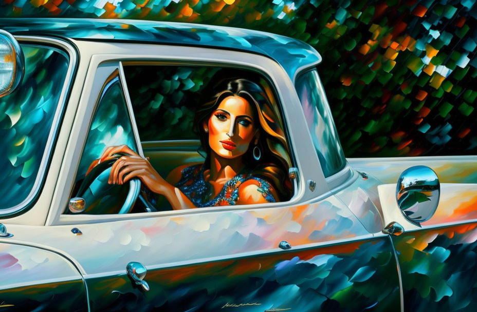 Colorful painting of woman in blue dress driving classic car with vibrant, impressionistic background