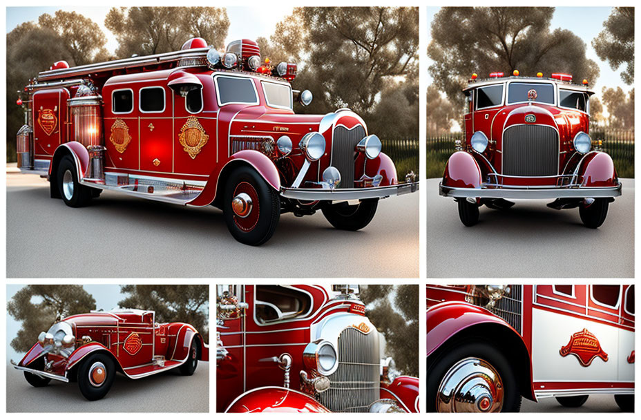 Vintage Red Fire Truck Collage with Chrome Details and Emblem