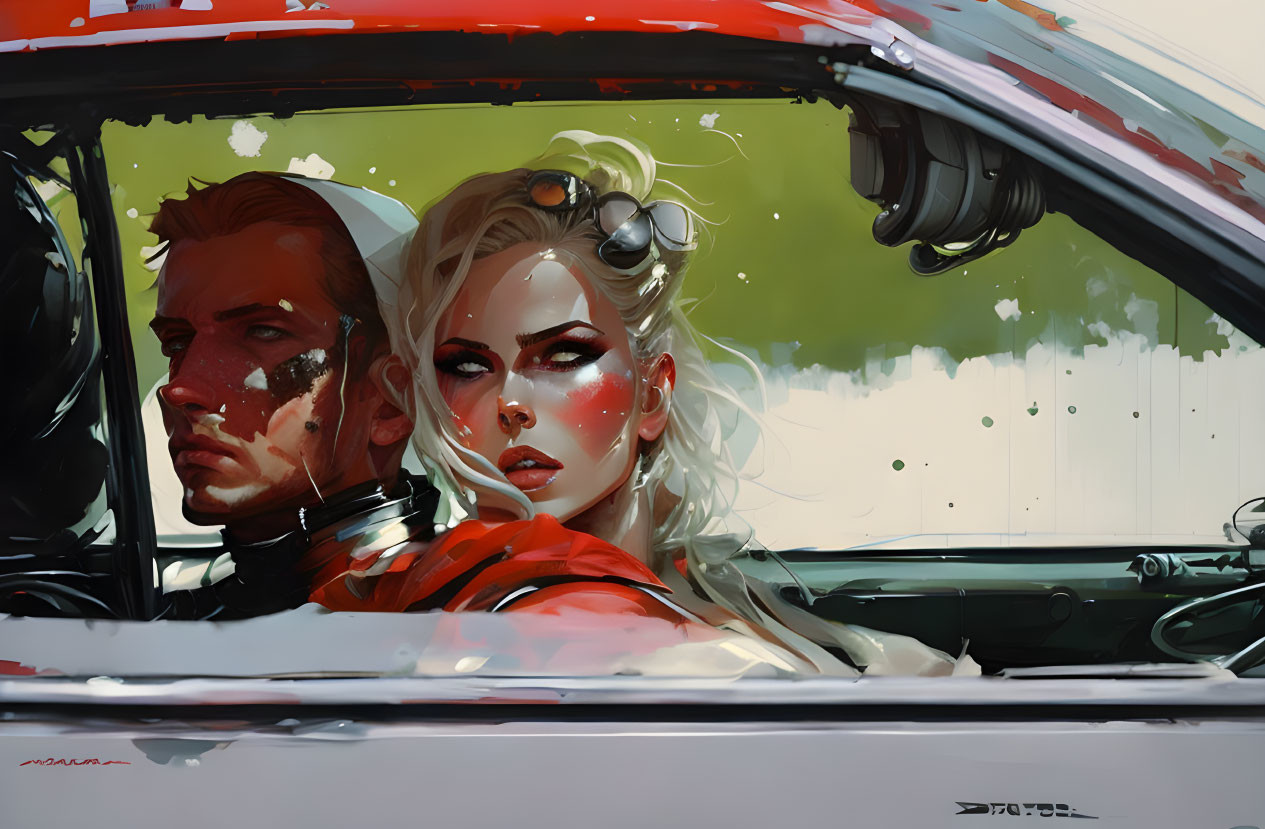 Dynamic illustration of man and woman in classic car with intense expressions