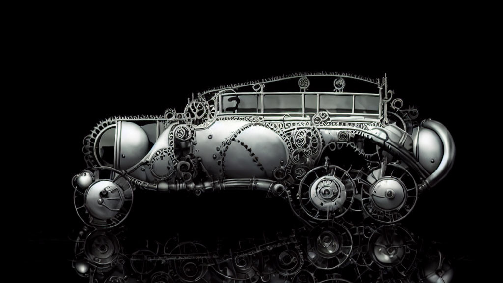 Monochrome mechanical car with reflective surface