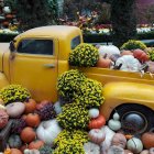 Yellow Car Overflowing with Pumpkins and Flowers in Autumn Scene