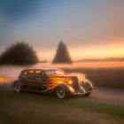 Vintage car racing amidst explosions and smoke in dramatic scene