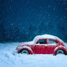 Vintage red car in snow-covered scene with illuminated castle at night