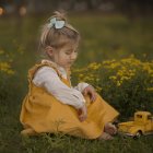 Young girl in yellow dress by old car in field of yellow wildflowers