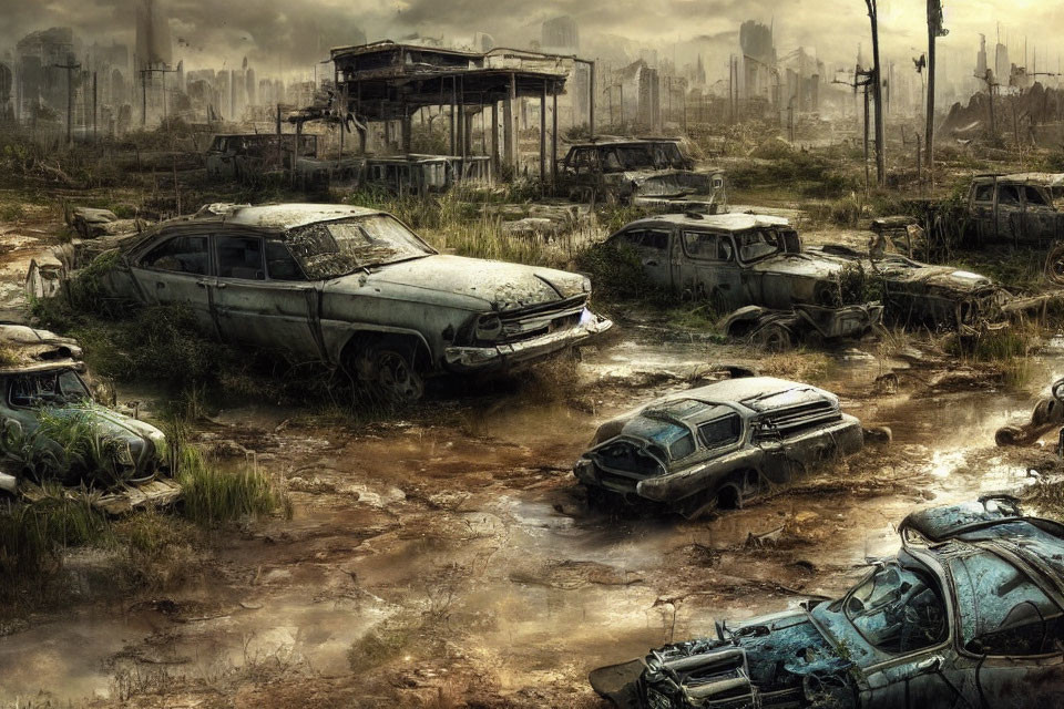 Muddy wasteland with abandoned cars and dilapidated buildings