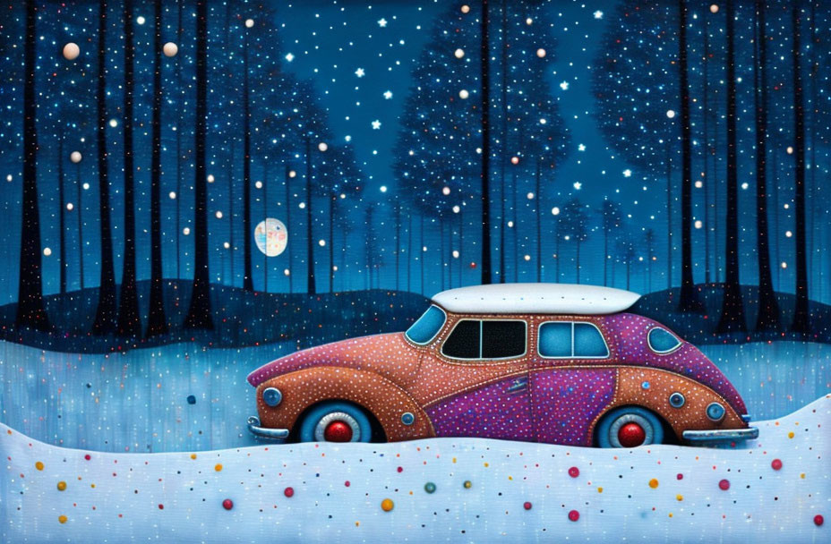 Whimsical vintage car in snowy night scene