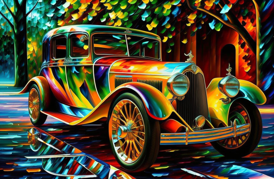 Vivid Rainbow-Colored Classic Car Artwork with Abstract Background