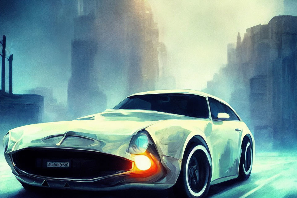 Stylized white classic sports car in misty blue cityscape