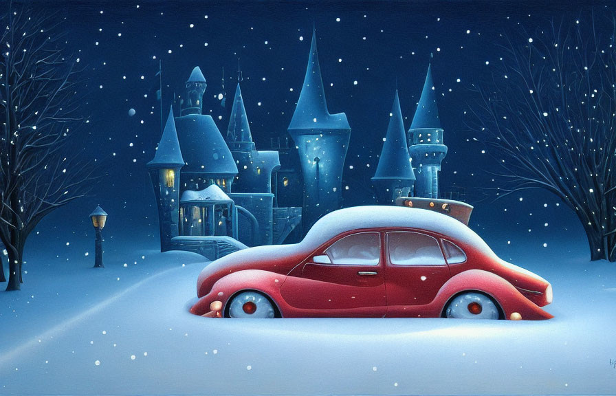 Vintage red car in snow-covered scene with illuminated castle at night