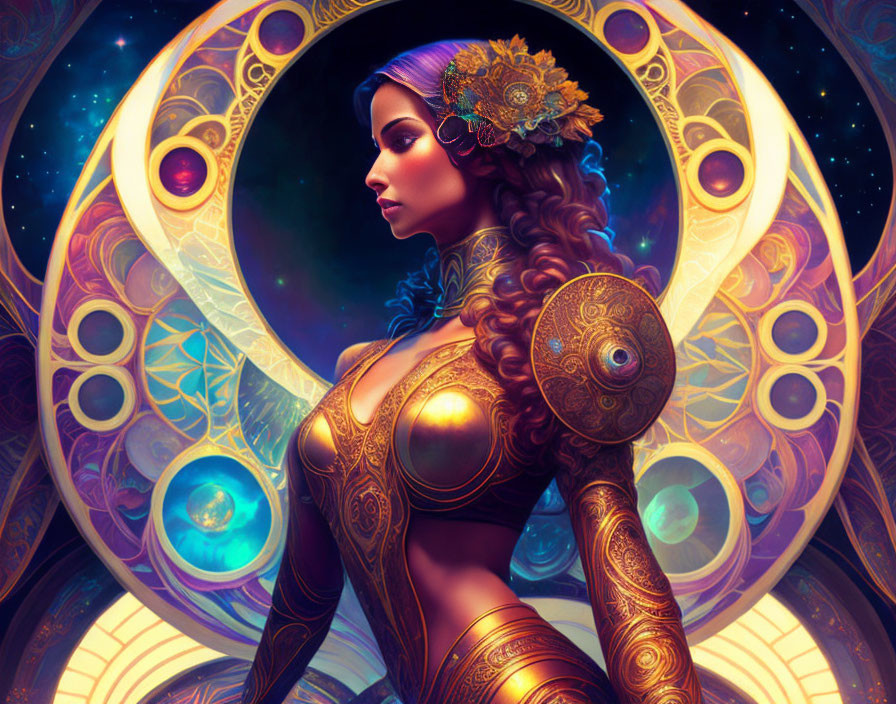 Intricate digital artwork: woman in golden armor with floral headdress