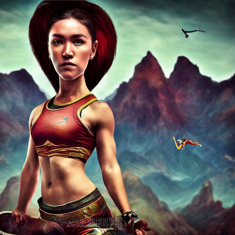 Stylized female warrior with red disc-like hairstyle in dramatic mountain landscape