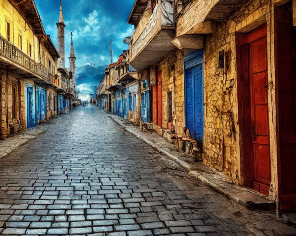 Historic town with colorful doors, traditional buildings, minaret, mountains, dramatic sky