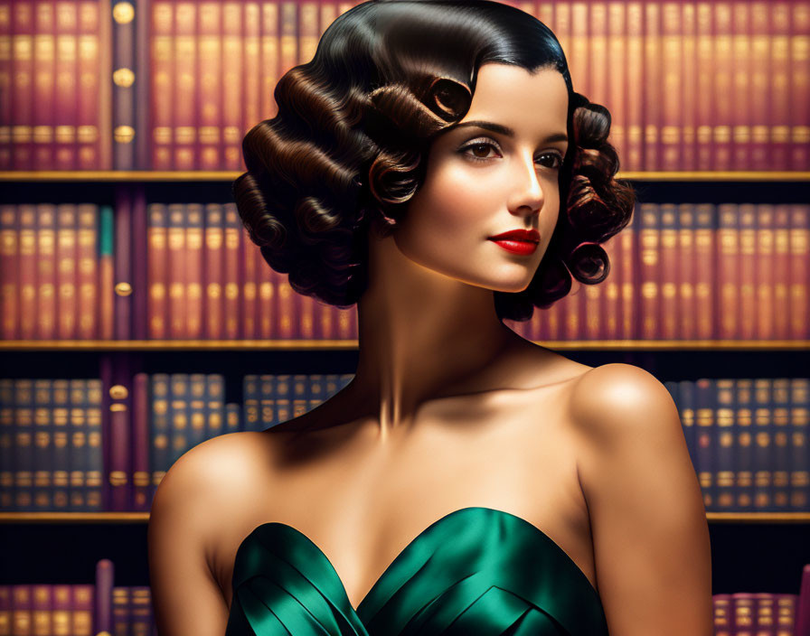 Vintage Hairstyle Woman in Green Dress by Bookshelf