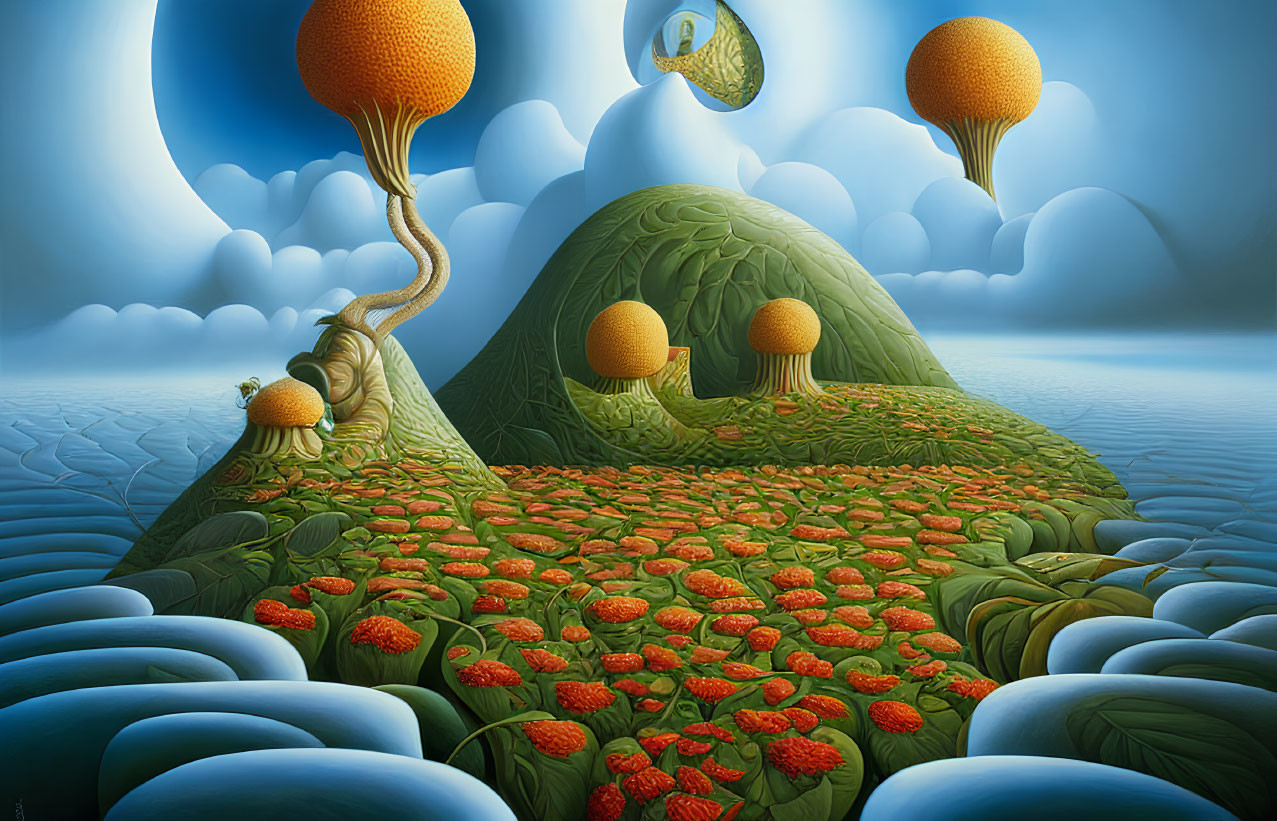 Surreal landscape featuring rolling hills, citrus-like fruits, red flowers, reflective water, and floating