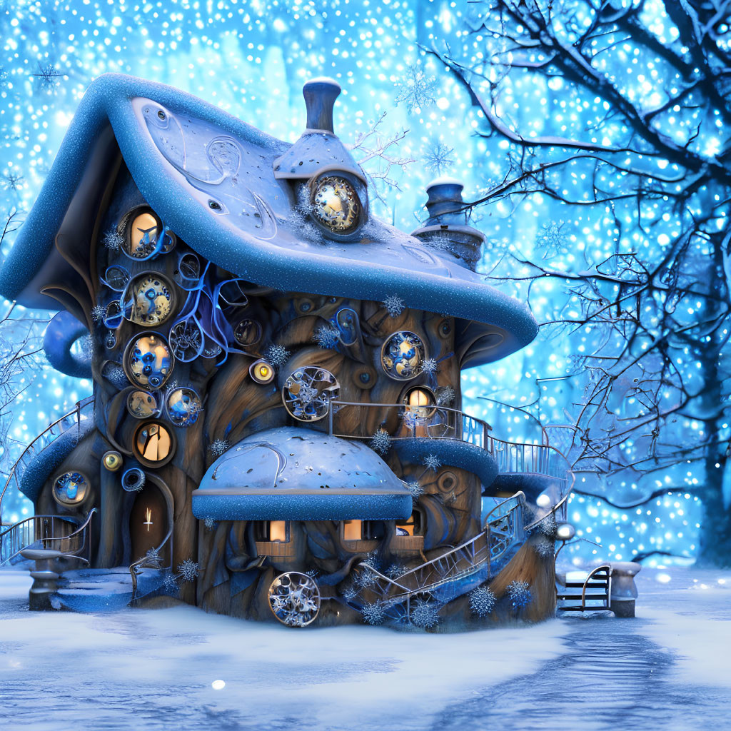 Fantasy winter treehouse with glowing windows and ornate gears