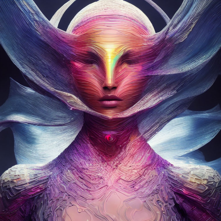 Colorful digital artwork of an otherworldly female figure with intricate headgear and futuristic neckline in purple