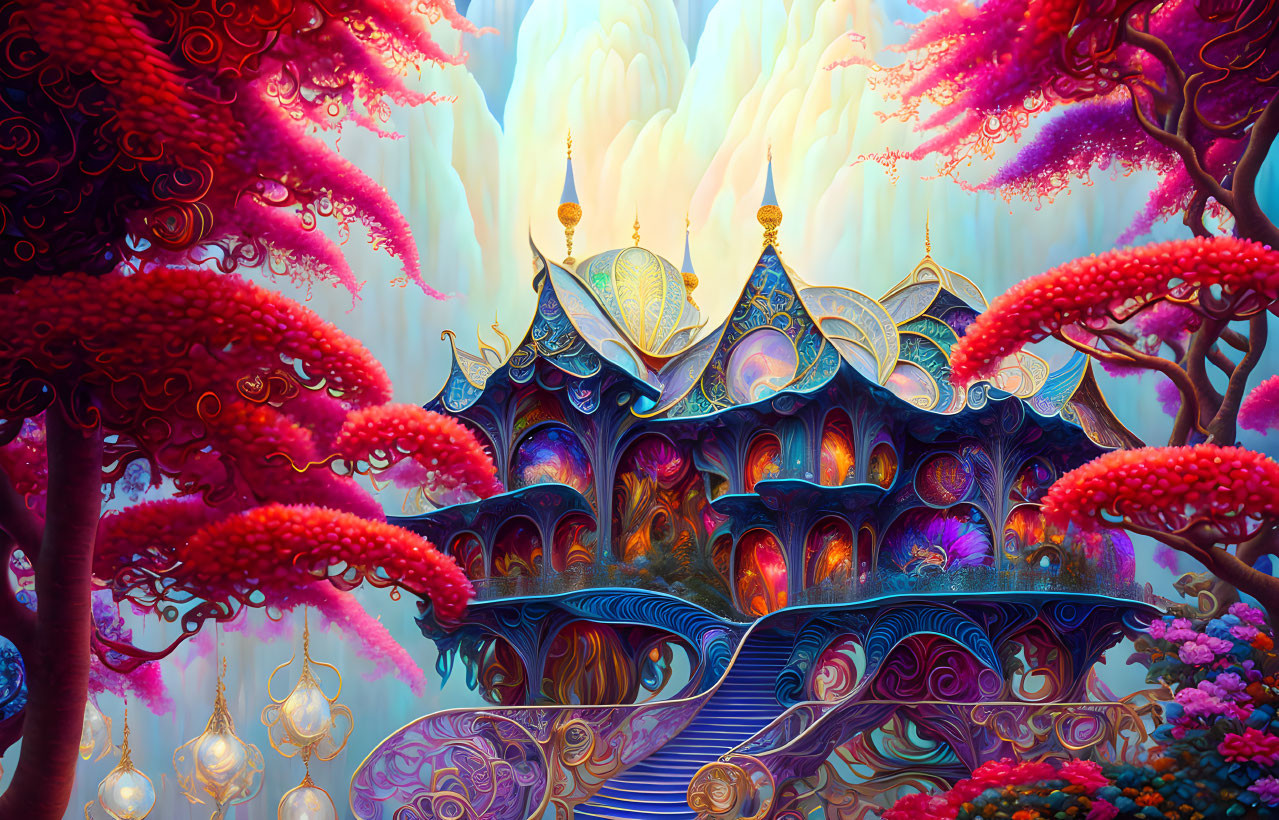 Fantasy palace with turquoise and purple tones, pink coral-like trees, luminous sky