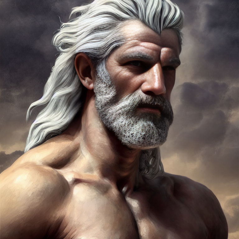 Elderly muscular man with long white hair and beard against cloudy sky