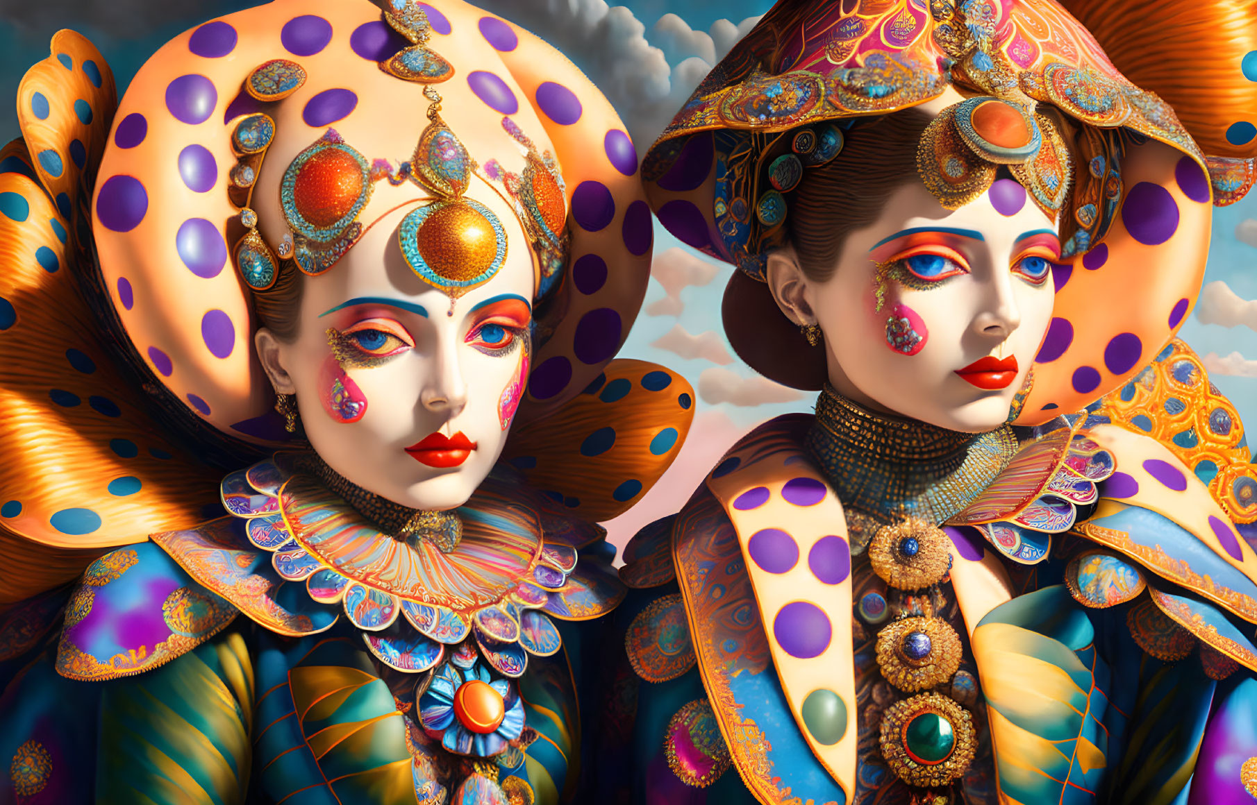 Elaborately adorned surreal figures with gemstone-encrusted headpieces and colorful costumes on cloudy