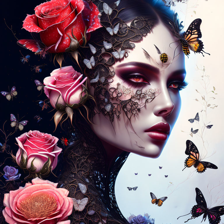 Digital artwork of woman with floral and butterfly motifs.