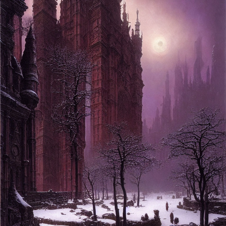 Gothic architectural scene with silhouetted figures and snow-covered ground