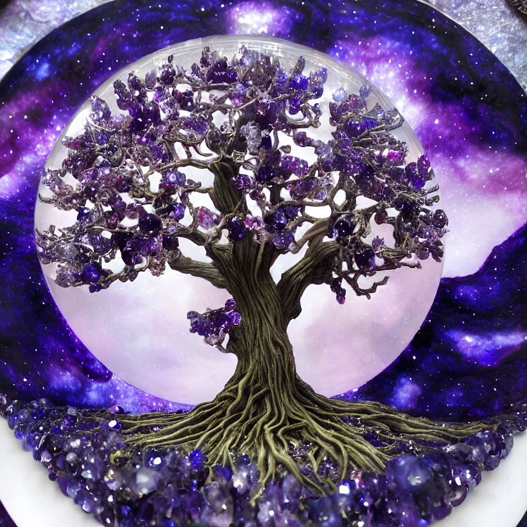 Amethyst Crystal Tree on Purple Cosmic Background