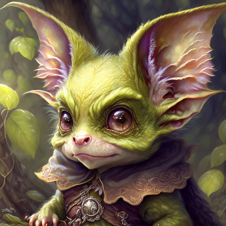 Fantasy creature illustration with large eyes, pointed ears, and decorative collar