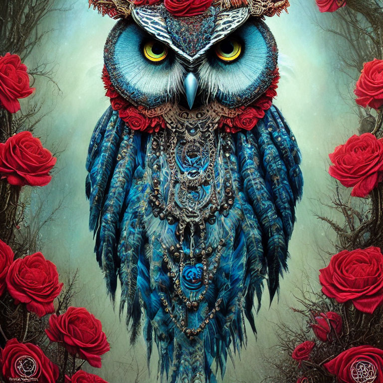 Detailed artwork: Owl with blue feathers, yellow eyes, metallic ornaments, and red roses.