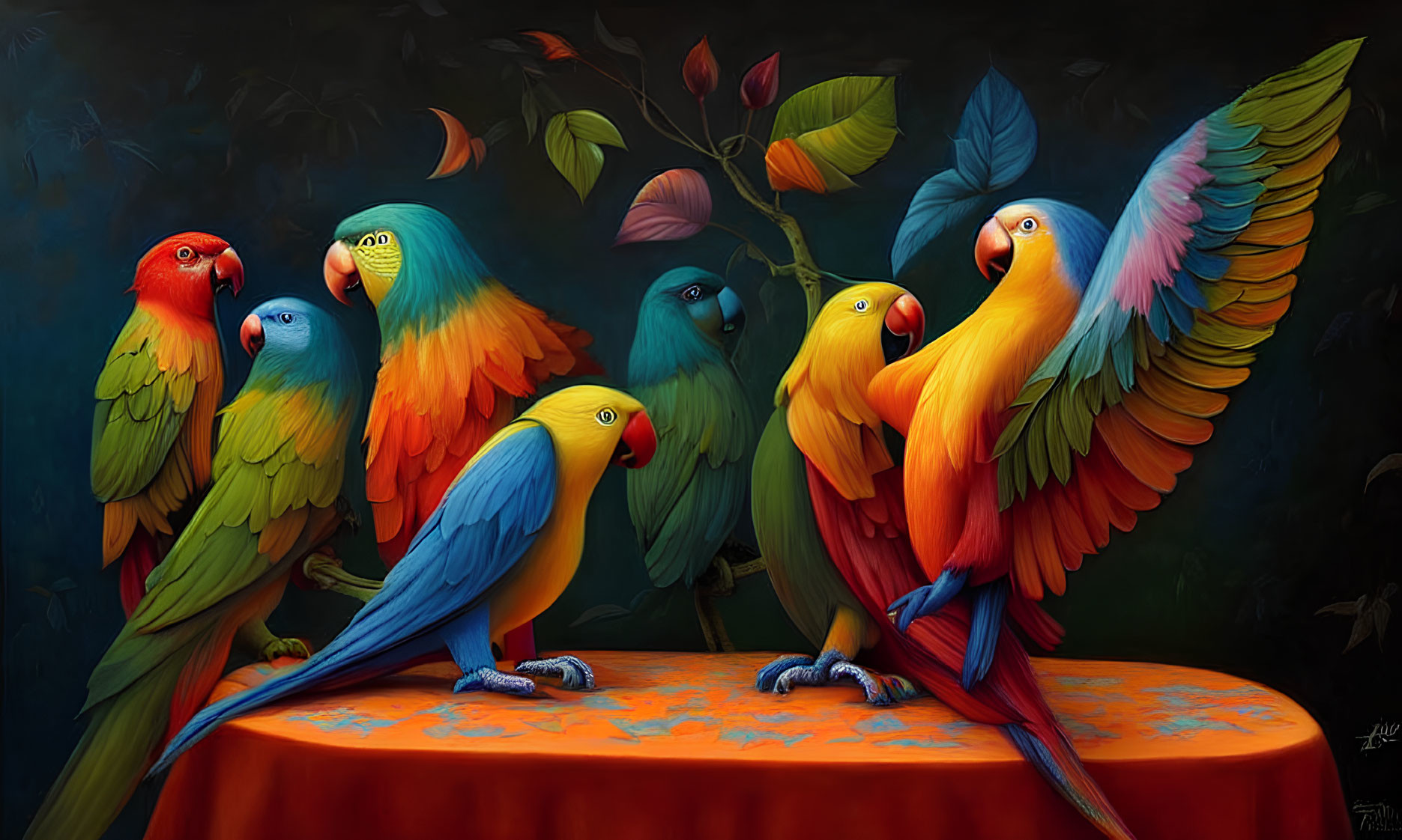 Colorful Parrots Perched on Branch Against Dark Background