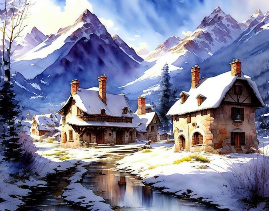 Snowy Mountain Cottage with Smoking Chimneys and Stream