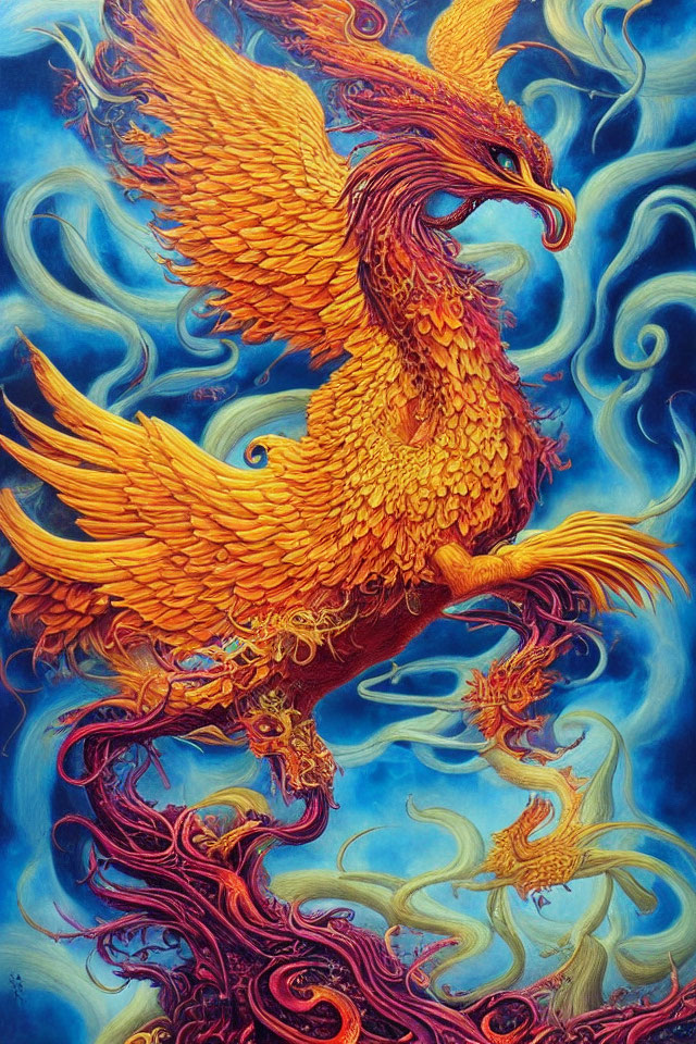 Colorful Phoenix in Dynamic Pose with Swirling Patterns