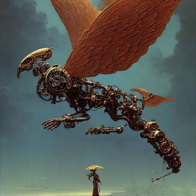 Mechanical bird with gears and wings hovers over person with umbrella in steampunk cityscape