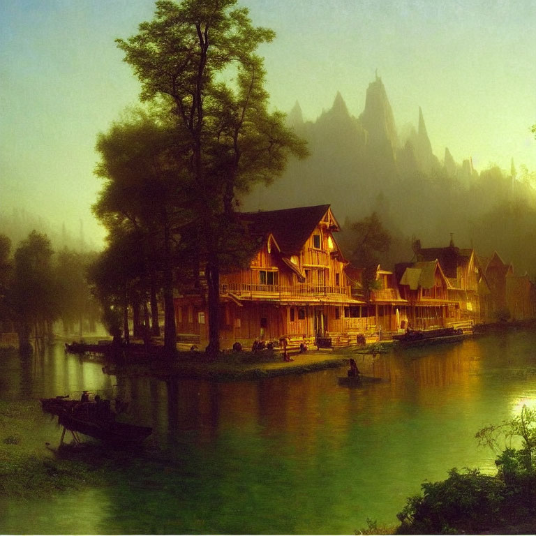 Wooden houses on serene island in golden light