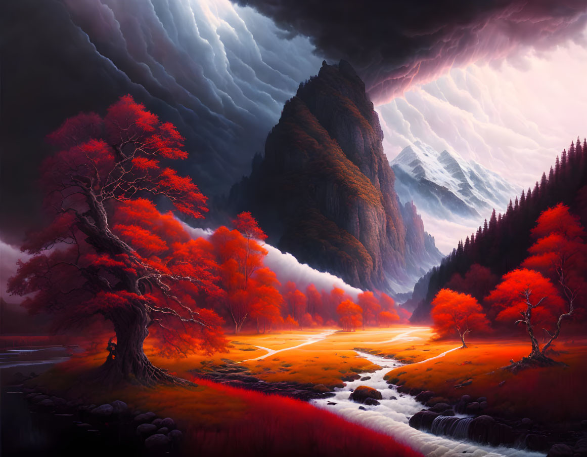 Vibrant landscape with red trees, stream, fog, and mountain.