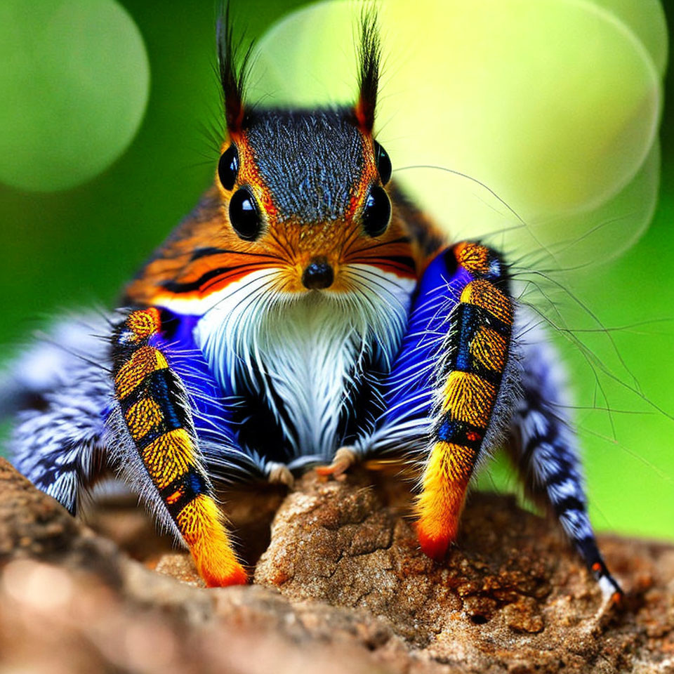 Colorful Spider with Orange, Blue, and Black Patterns on Tree Bark