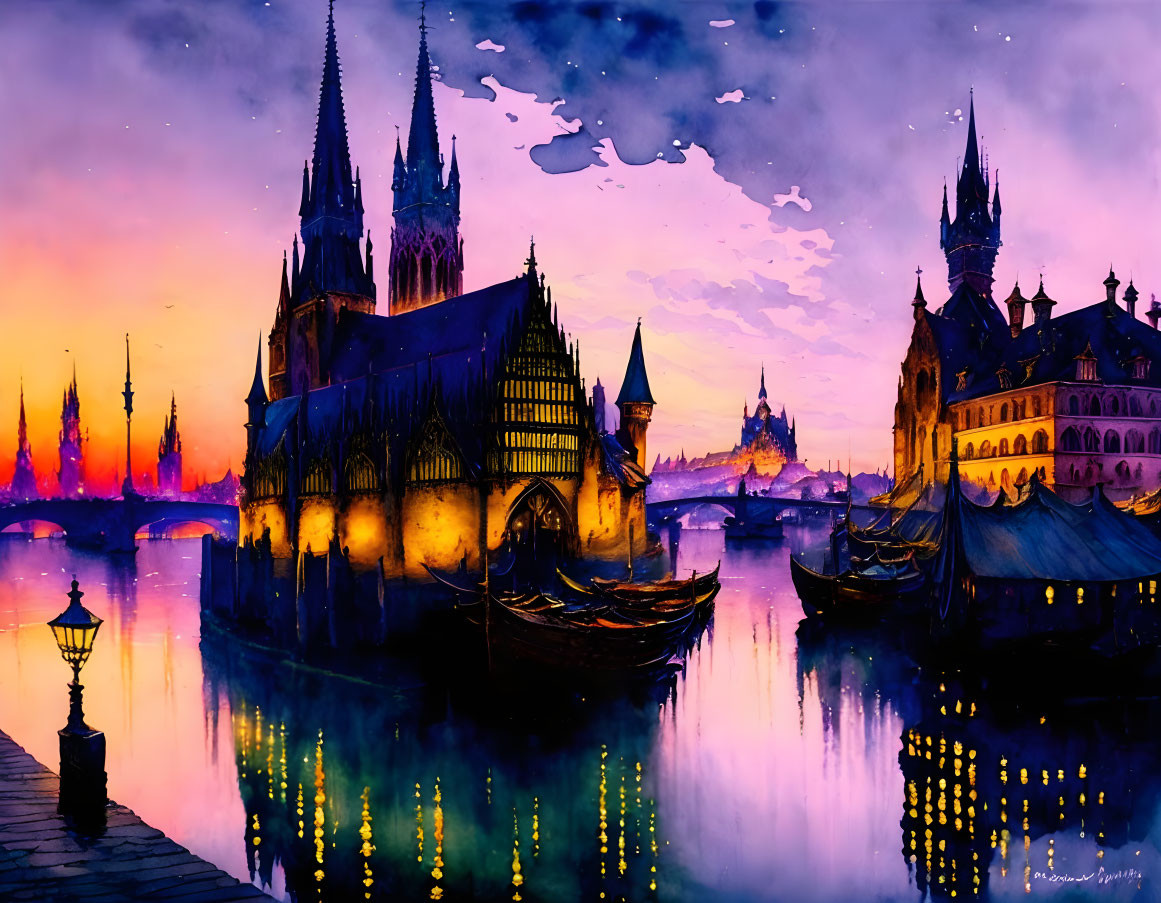 Gothic cityscape fantasy artwork with illuminated windows and purple-orange sky