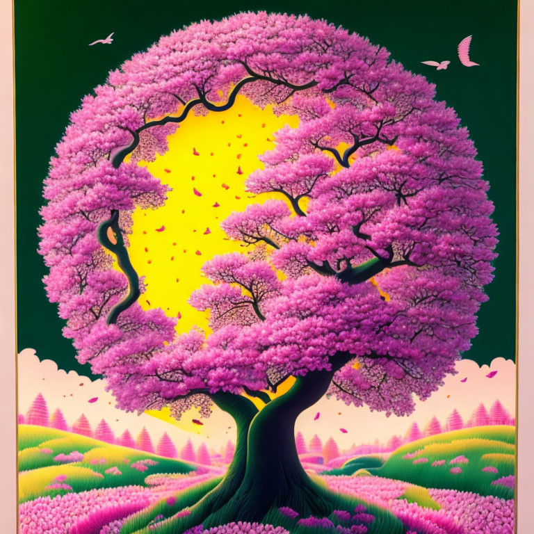 Colorful illustration of large pink blossomed tree in twilight setting