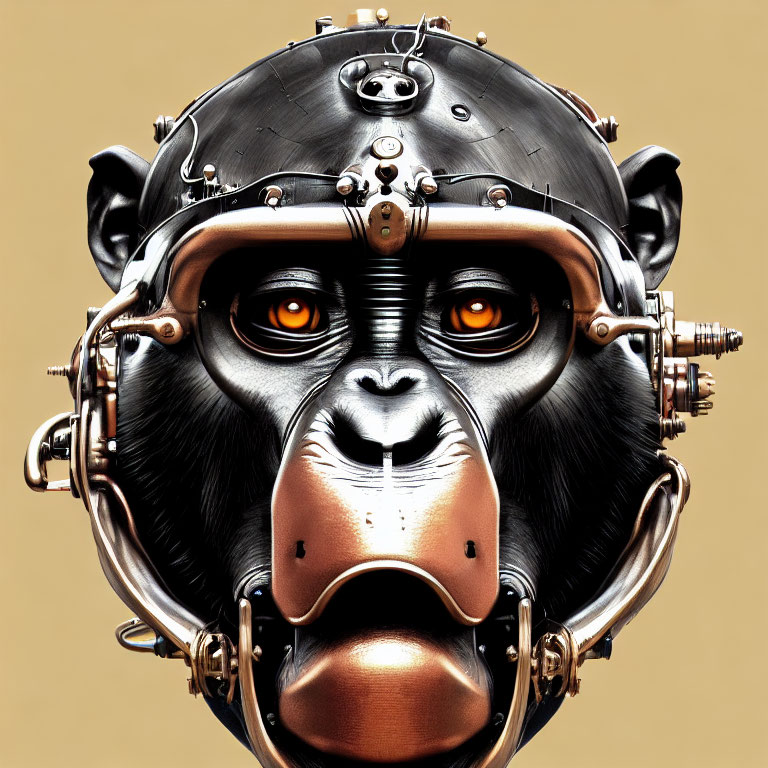 Gorilla digital artwork with cybernetic headgear and orange eyes