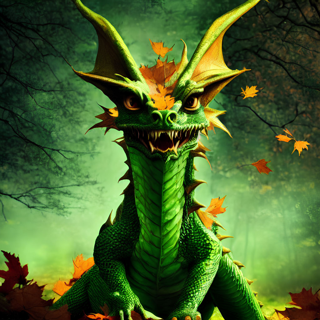 Green dragon with yellow eyes and horns in autumn forest scene