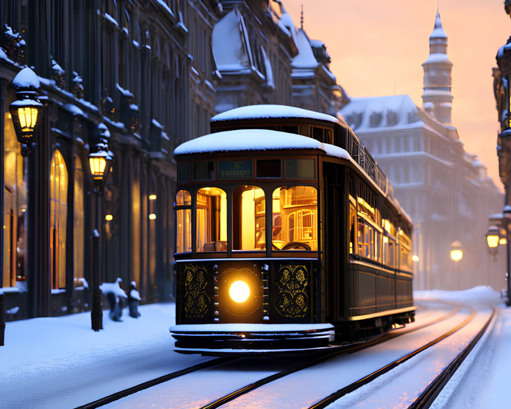 Vintage tram with warm lights in snowy old-town street at dusk