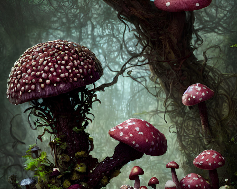 Enchanted forest with giant red-capped mushrooms and misty woods