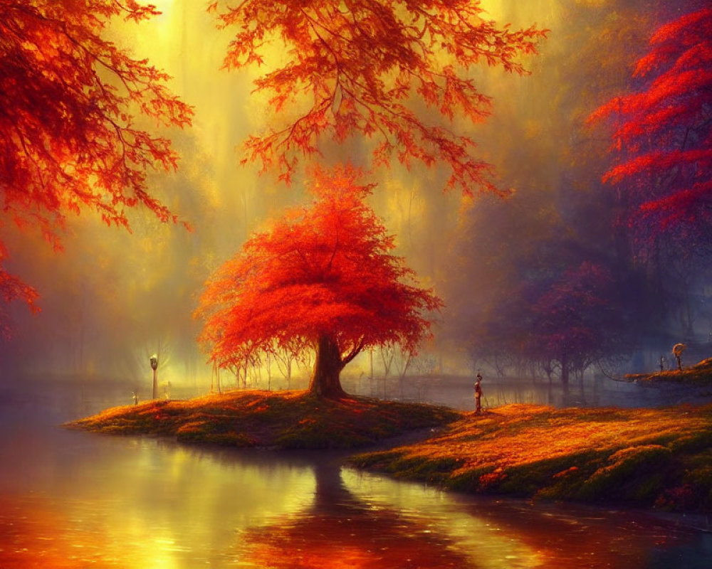 Tranquil autumn landscape with red trees, river reflection, sunlight, and fishing person