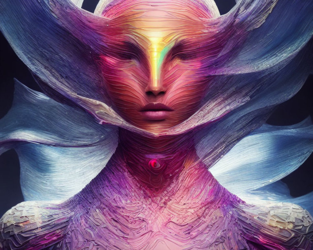 Colorful digital artwork of an otherworldly female figure with intricate headgear and futuristic neckline in purple