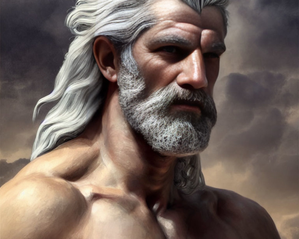 Elderly muscular man with long white hair and beard against cloudy sky